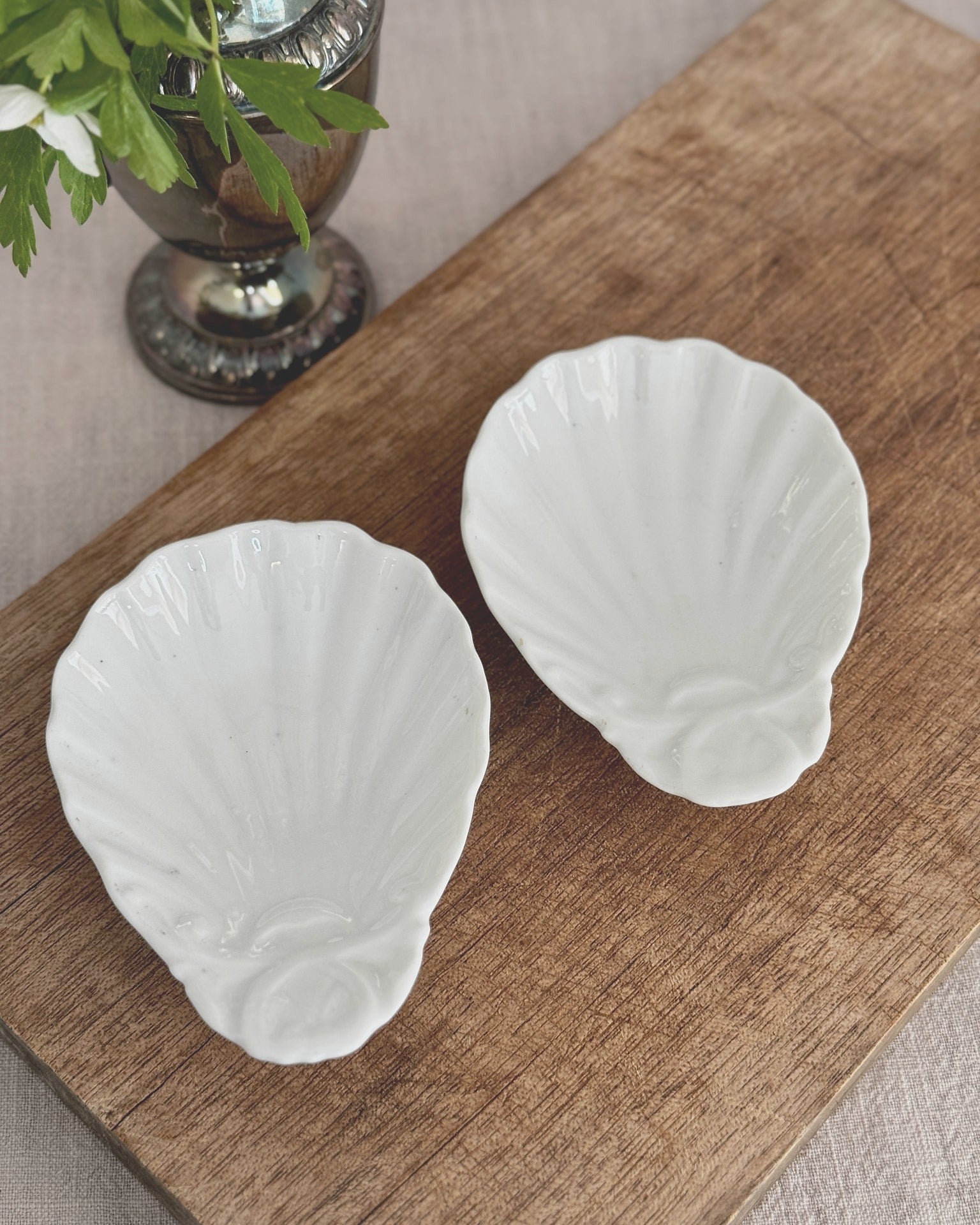 The Shell Dishes — pair of antique French white porcelain shell dishes