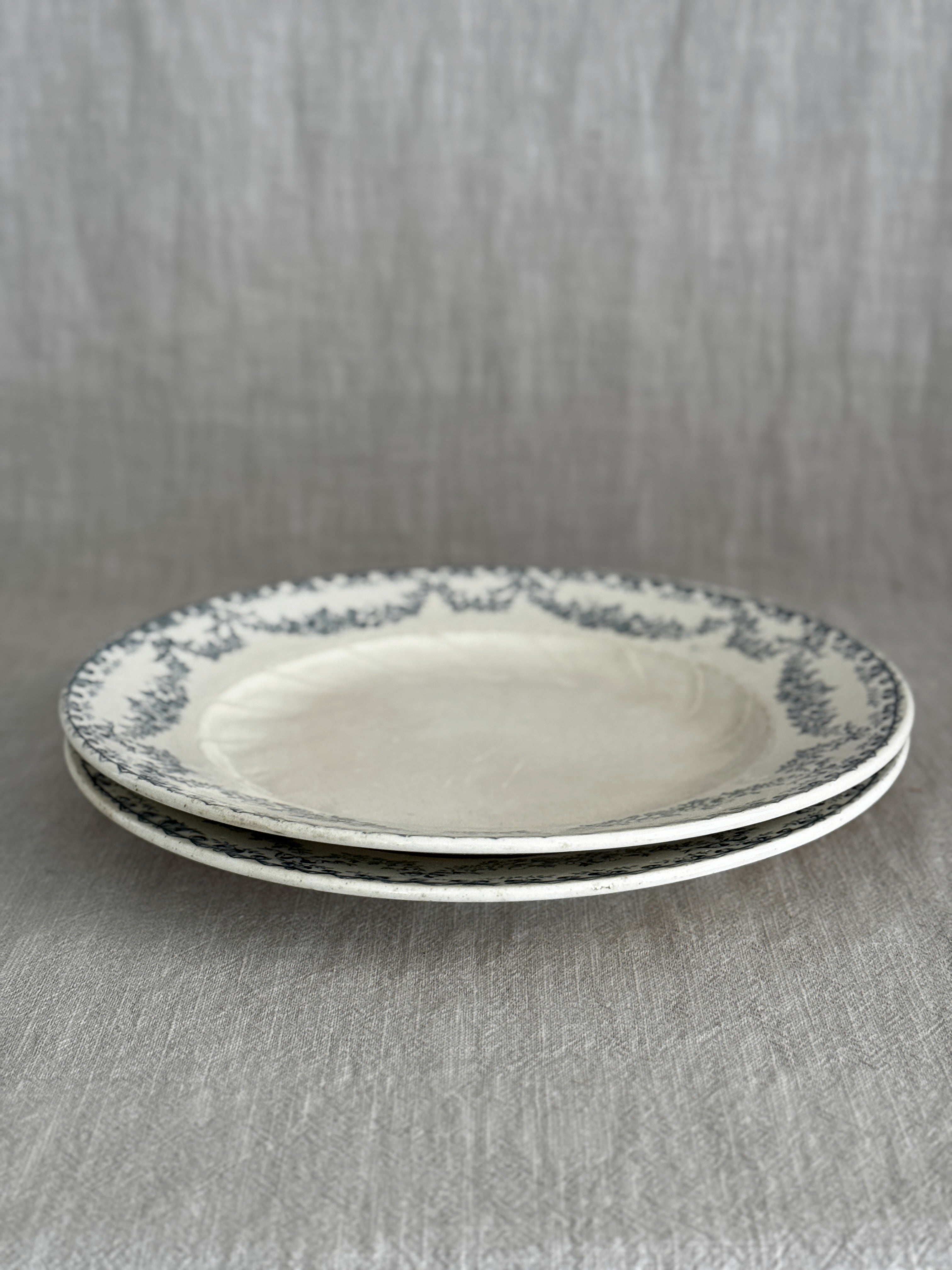 The two faience plates stacked and seen from the side, showing the wide rims and shallow wells
