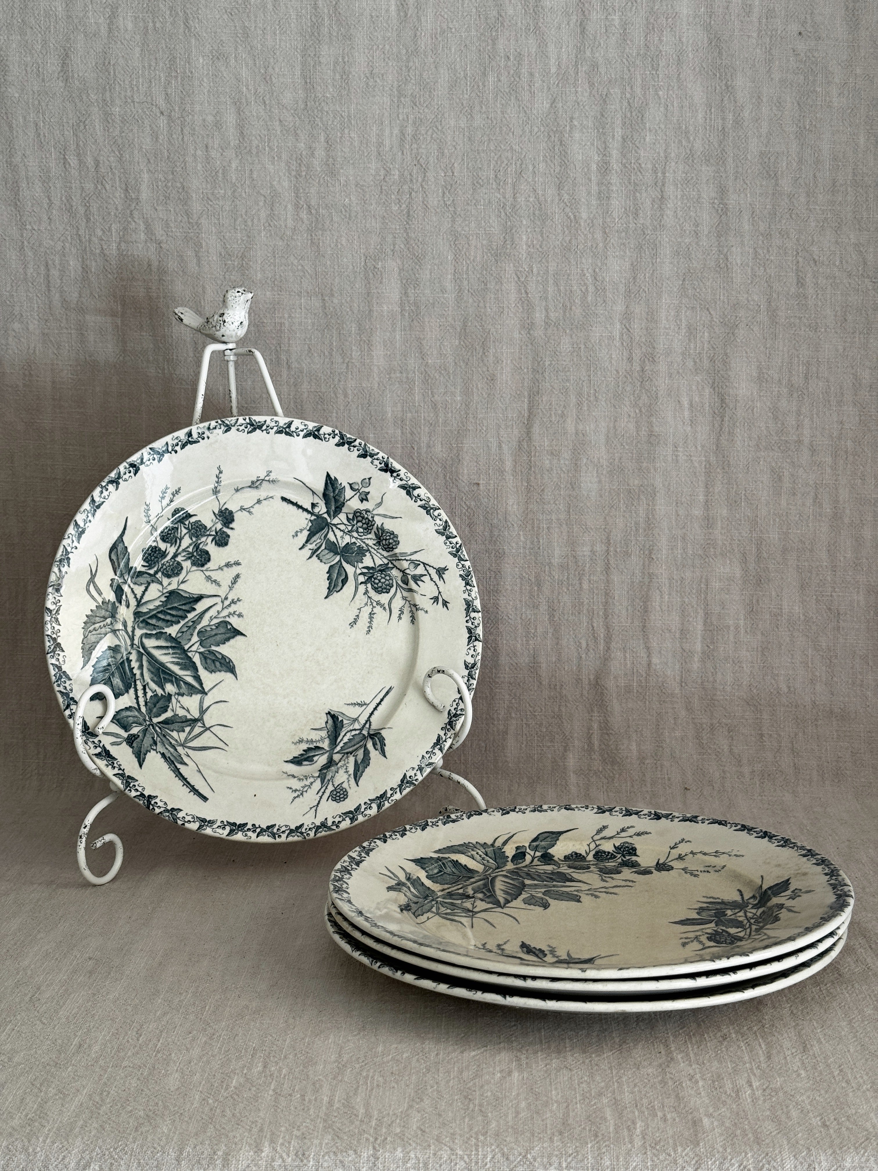 Four French green transferware dinner plates in a blackberry pattern, one upright on a white iron plate stand and three stacked on linen