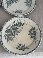 Two French blackberry pattern plates on linen, seen from above, with warm age-toning and a crisp green transfer print