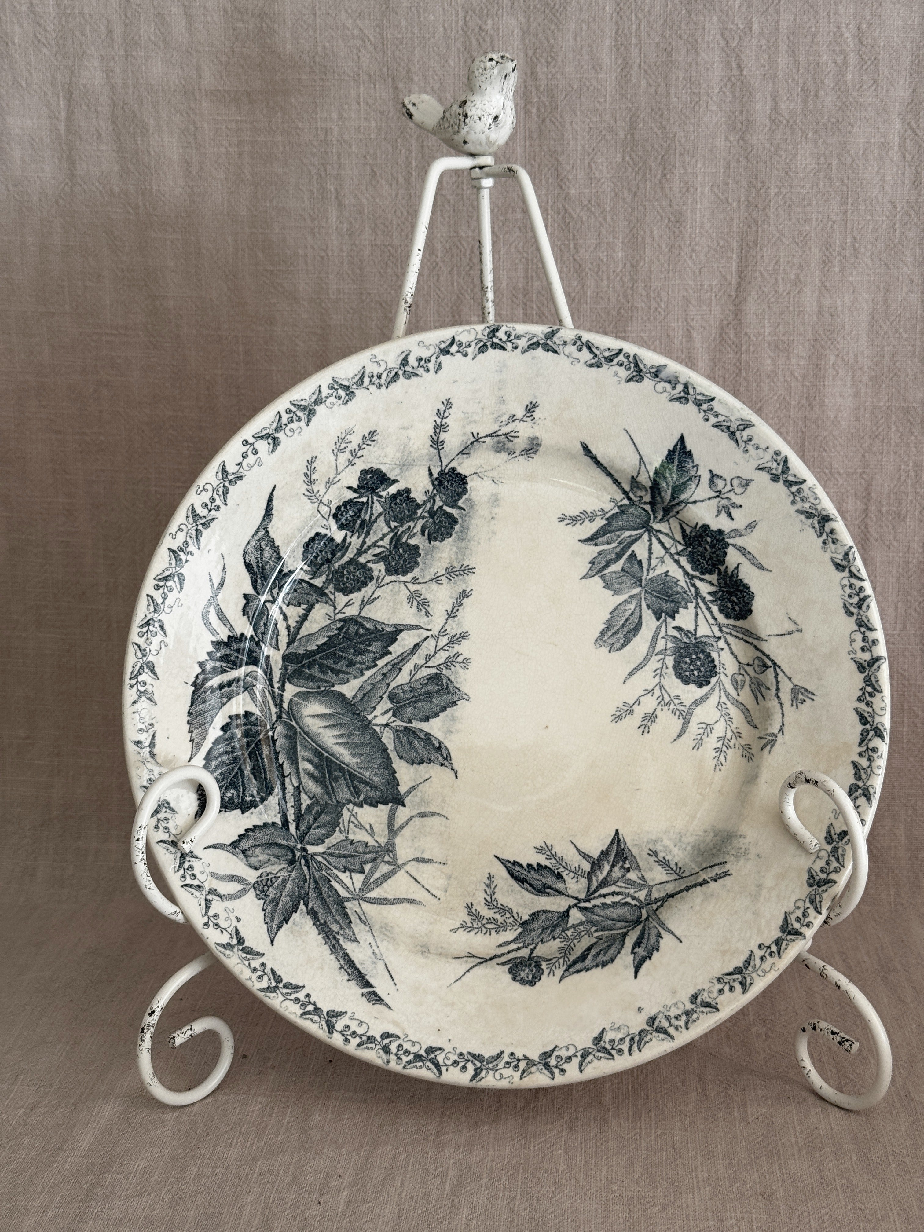 French terre de fer luncheon plate with soft blue-green blackberry sprays and an ivy border, shown upright on a stand, showing the wide sloping rim