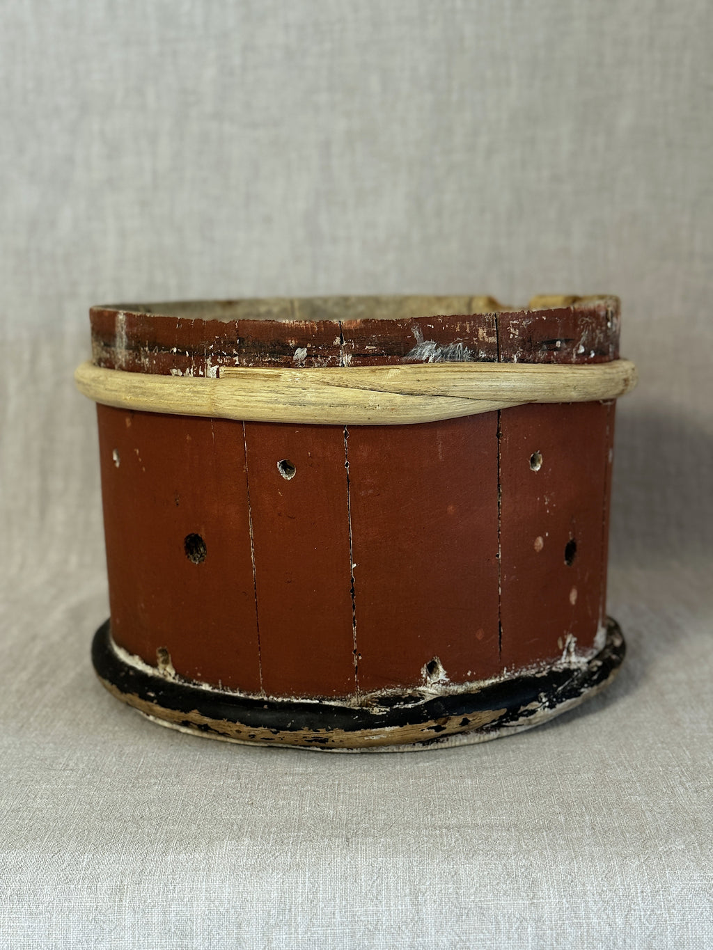 Antique Swedish stave-built cheese mould with original falu-red paint, a black-painted base ring and a bentwood hoop
