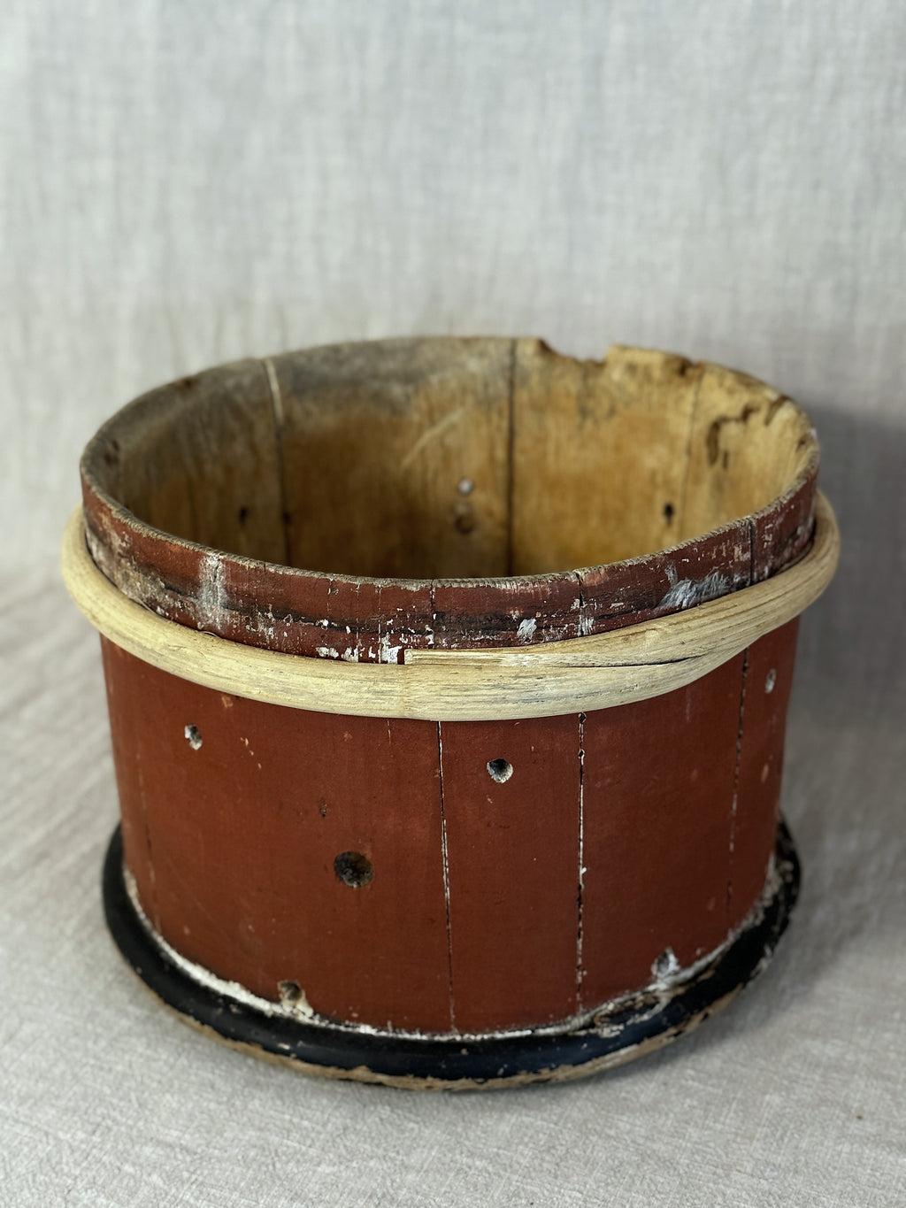Top view into the Swedish cheese mould showing the stave construction and scrubbed interior