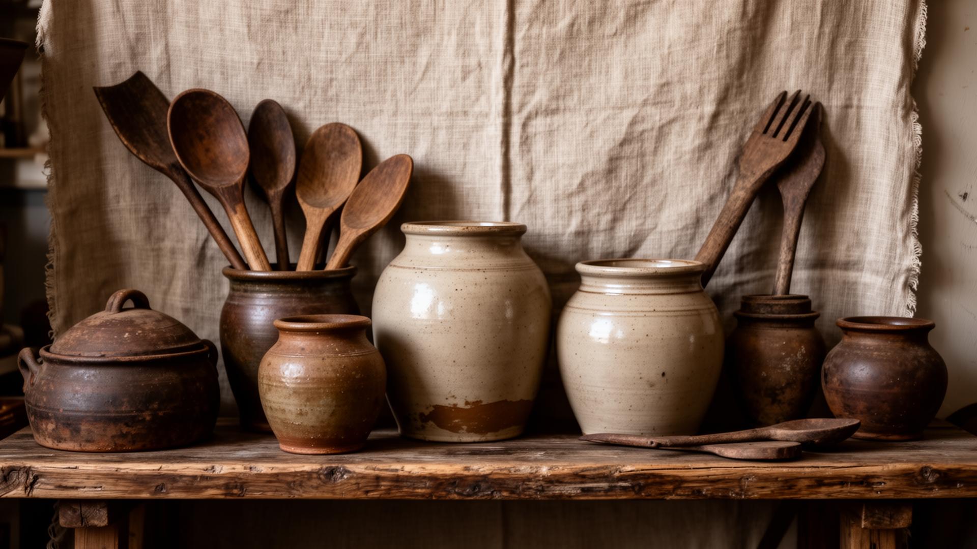 French and Swedish farmhouse antiques — wooden spoons and stoneware crocks on linen