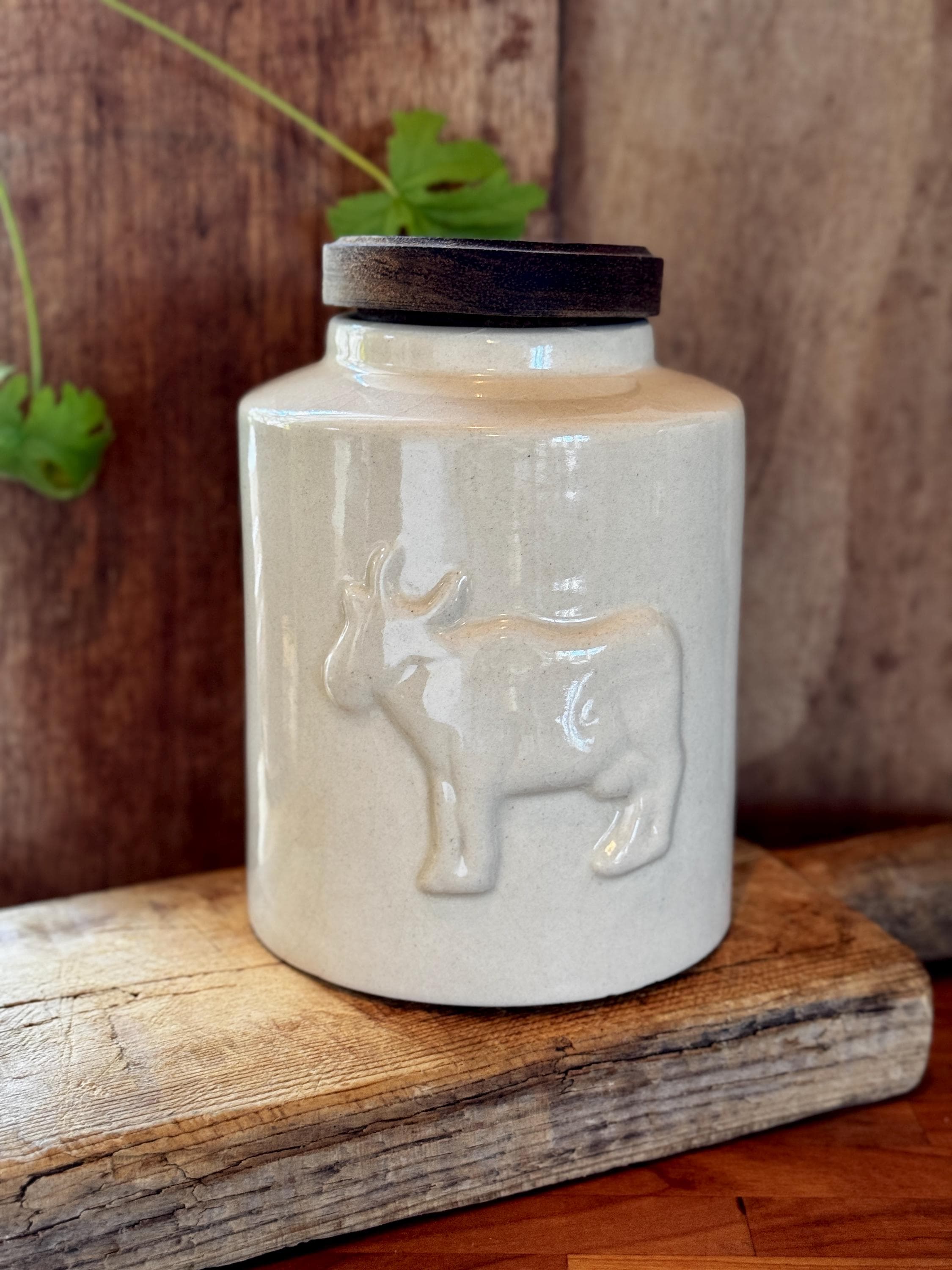 Vintage Ceramic Canister Cow Relief - 1