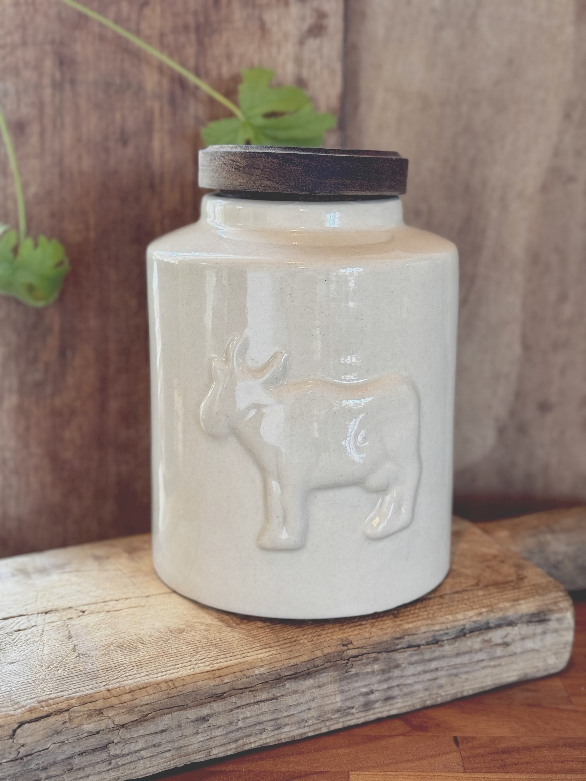 Vintage Ceramic Canister Cow Relief - 1